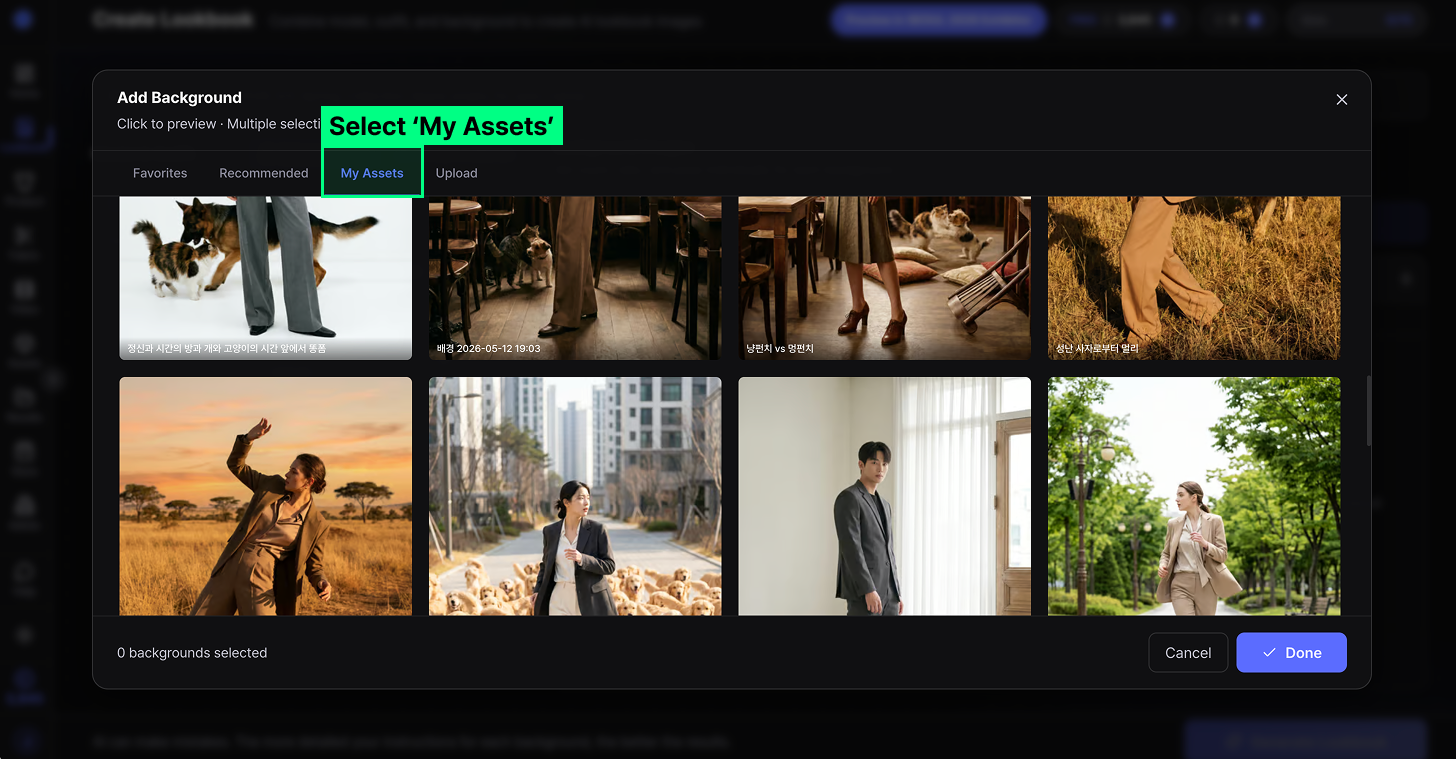 Generation screen โ My Assets tab in the selection modal